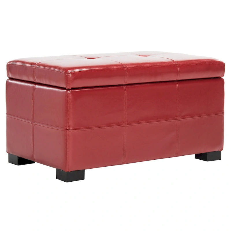 Tufted Bicast Leather Storage Bench with Hinged Lid and Wooden Legs