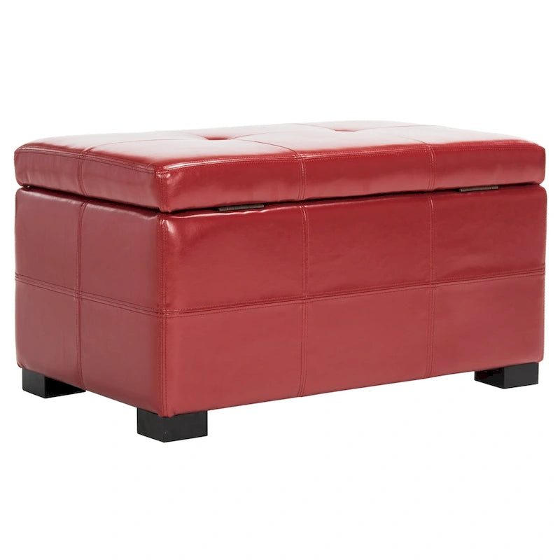 Tufted Bicast Leather Storage Bench with Hinged Lid and Wooden Legs