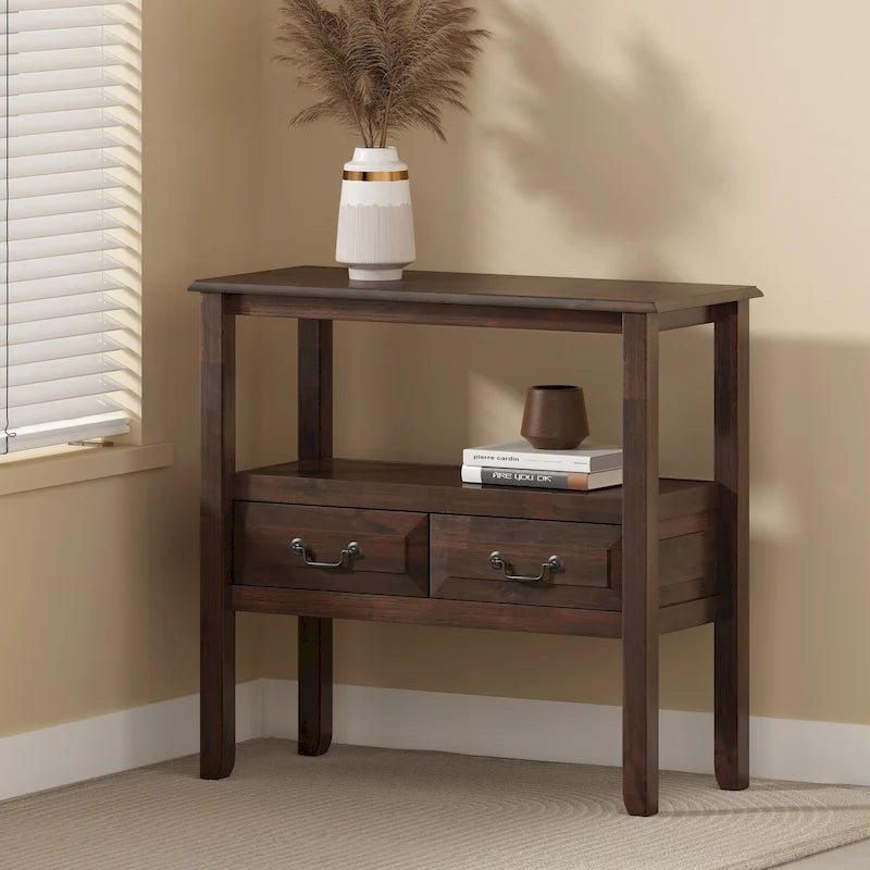 Rustic Acacia Wood Accent Console Table with Drawers and Shelf