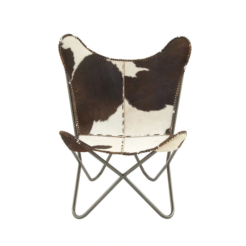 Sedia a farfalla artigianale in pelle bianca, grigia, marrone, marrone chiaro o marrone-beige con supporto nero