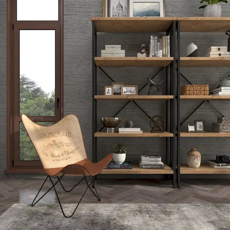 Sedia a farfalla artigianale in pelle bianca, grigia, marrone, marrone chiaro o marrone-beige con supporto nero
