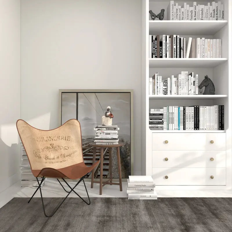 Sedia a farfalla artigianale in pelle bianca, grigia, marrone, marrone chiaro o marrone-beige con supporto nero