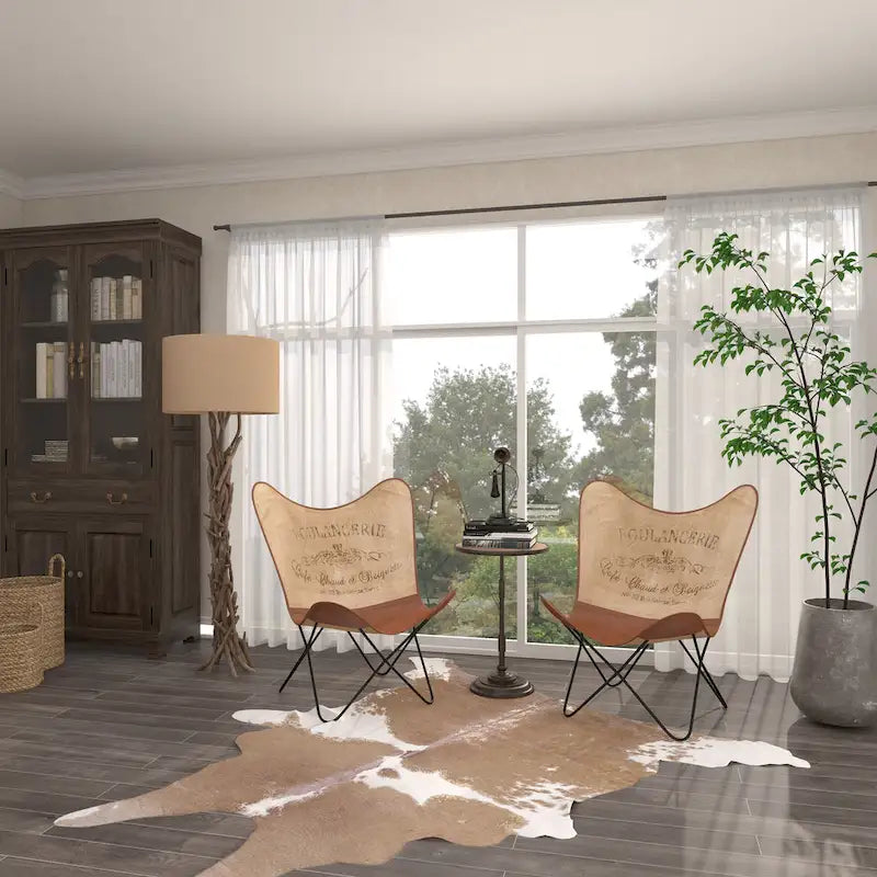 Sedia a farfalla artigianale in pelle bianca, grigia, marrone, marrone chiaro o marrone-beige con supporto nero