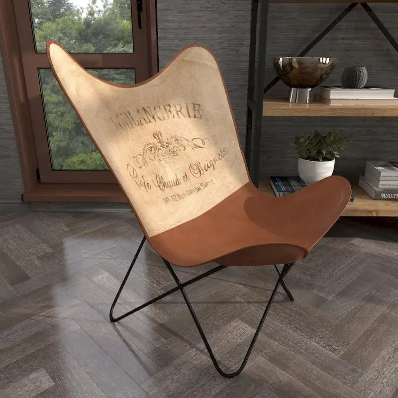 Sedia a farfalla artigianale in pelle bianca, grigia, marrone, marrone chiaro o marrone-beige con supporto nero