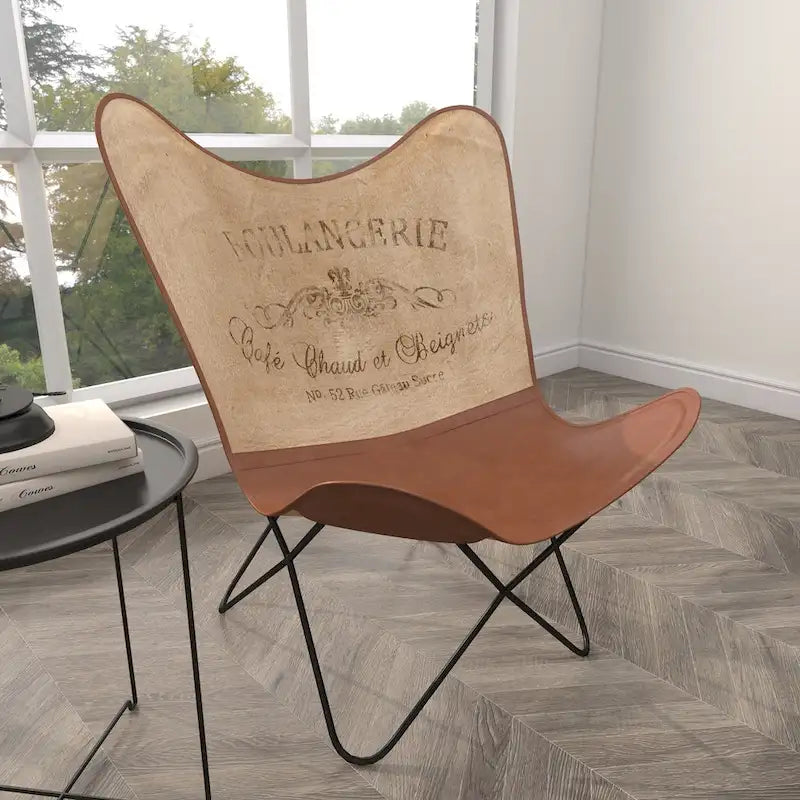 Sedia a farfalla artigianale in pelle bianca, grigia, marrone, marrone chiaro o marrone-beige con supporto nero