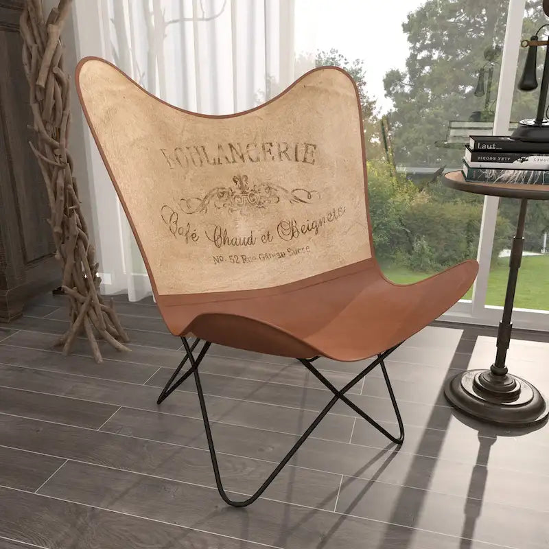 Sedia a farfalla artigianale in pelle bianca, grigia, marrone, marrone chiaro o marrone-beige con supporto nero