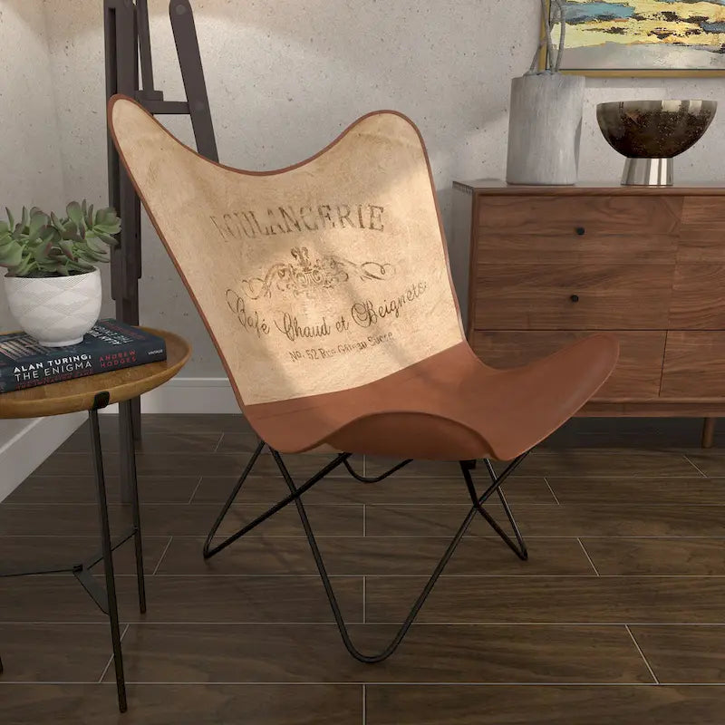 Sedia a farfalla artigianale in pelle bianca, grigia, marrone, marrone chiaro o marrone-beige con supporto nero