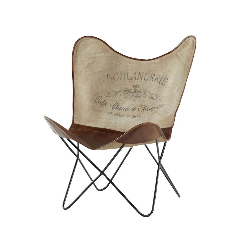 Sedia a farfalla artigianale in pelle bianca, grigia, marrone, marrone chiaro o marrone-beige con supporto nero