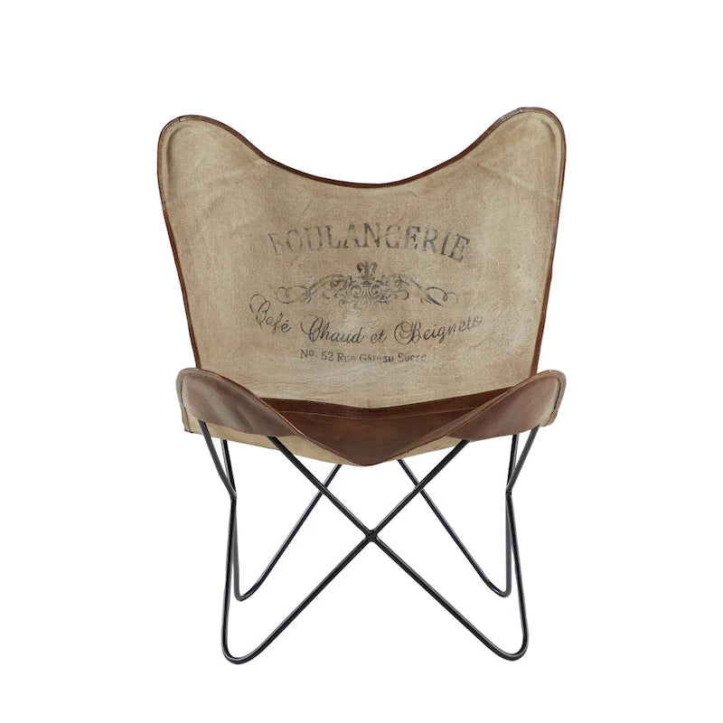 Sedia a farfalla artigianale in pelle bianca, grigia, marrone, marrone chiaro o marrone-beige con supporto nero