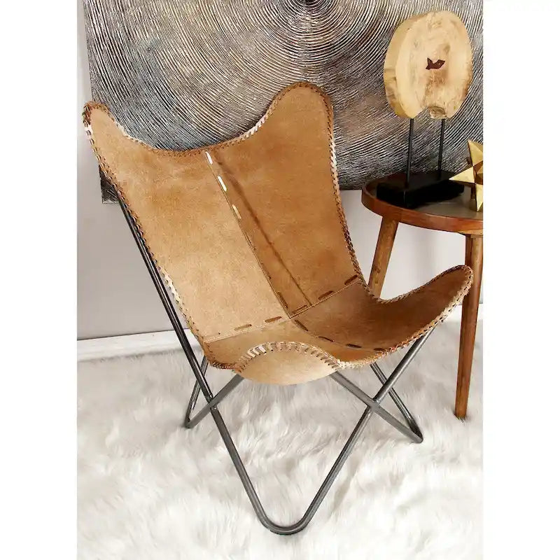 Sedia a farfalla artigianale in pelle bianca, grigia, marrone, marrone chiaro o marrone-beige con supporto nero