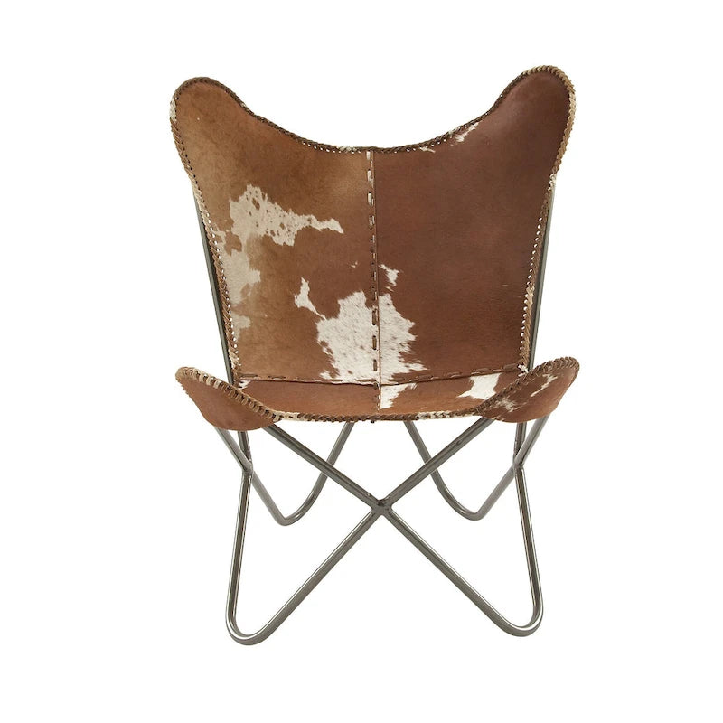 Sedia a farfalla artigianale in pelle bianca, grigia, marrone, marrone chiaro o marrone-beige con supporto nero