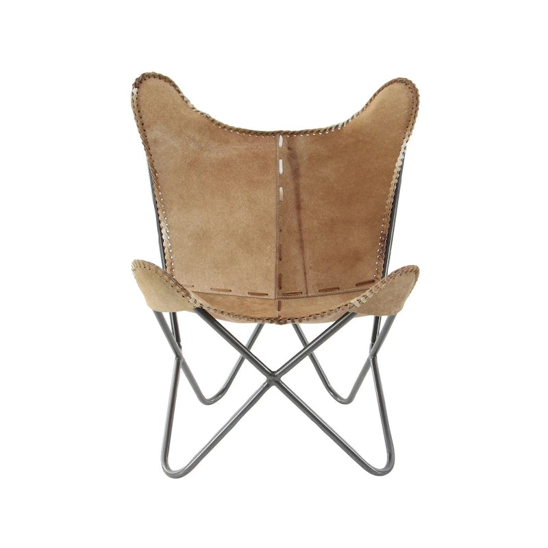 Sedia a farfalla artigianale in pelle bianca, grigia, marrone, marrone chiaro o marrone-beige con supporto nero