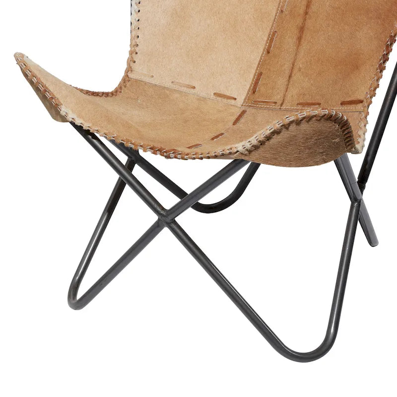 Sedia a farfalla artigianale in pelle bianca, grigia, marrone, marrone chiaro o marrone-beige con supporto nero
