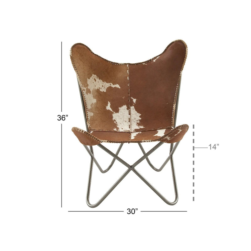 Sedia a farfalla artigianale in pelle bianca, grigia, marrone, marrone chiaro o marrone-beige con supporto nero