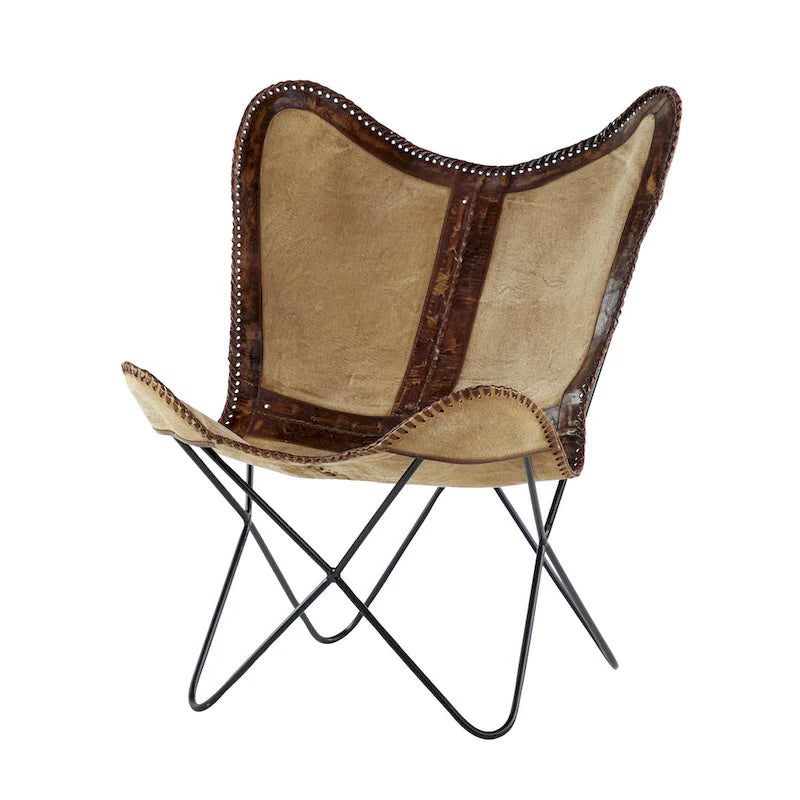Sedia a farfalla artigianale in pelle bianca, grigia, marrone, marrone chiaro o marrone-beige con supporto nero