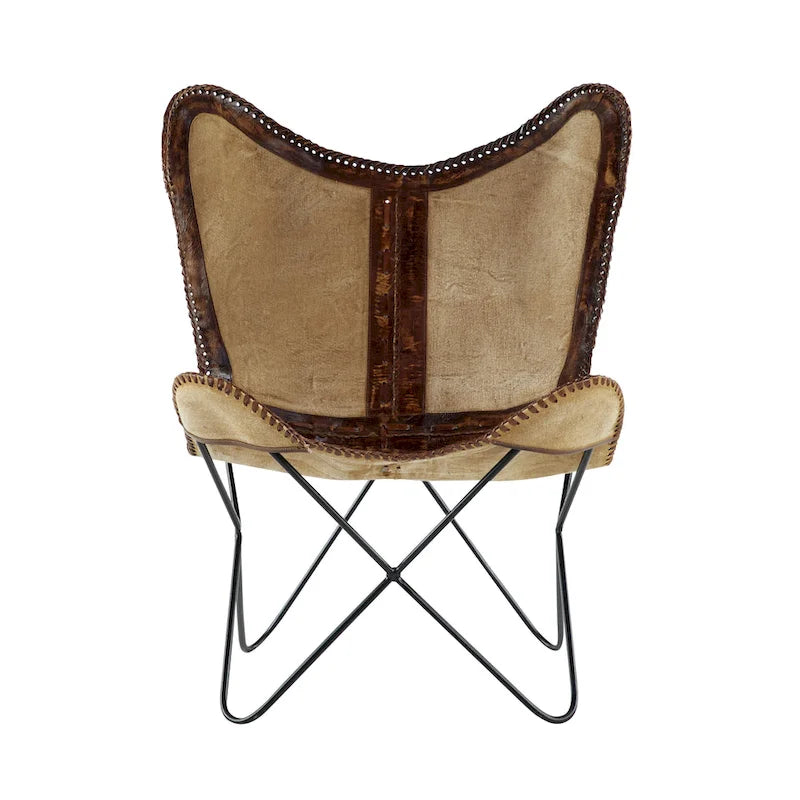 Sedia a farfalla artigianale in pelle bianca, grigia, marrone, marrone chiaro o marrone-beige con supporto nero