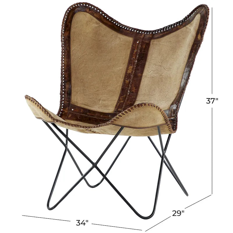 Sedia a farfalla artigianale in pelle bianca, grigia, marrone, marrone chiaro o marrone-beige con supporto nero