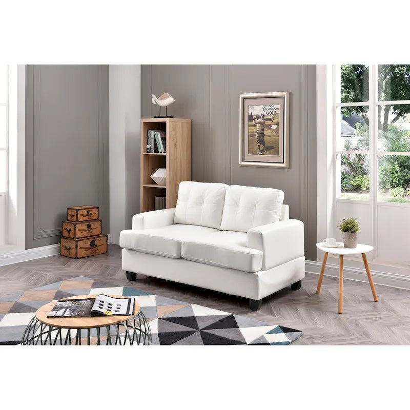Transitional Faux Leather Loveseat with Saddle Arms and Tufted Back