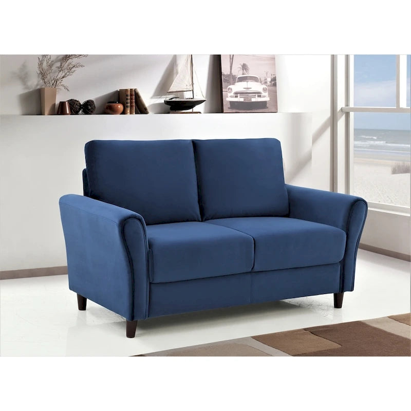 Plush Velvet Loveseat with Sloped Arms, Grey, Dark Blue, Ivory, Rose