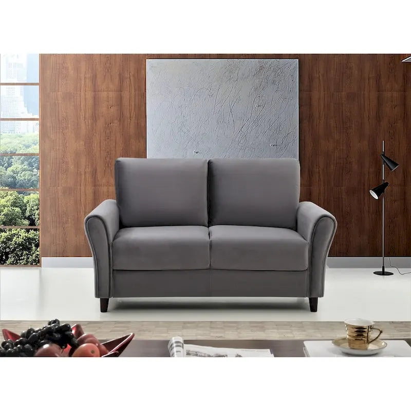 Plush Velvet Loveseat with Sloped Arms, Grey, Dark Blue, Ivory, Rose