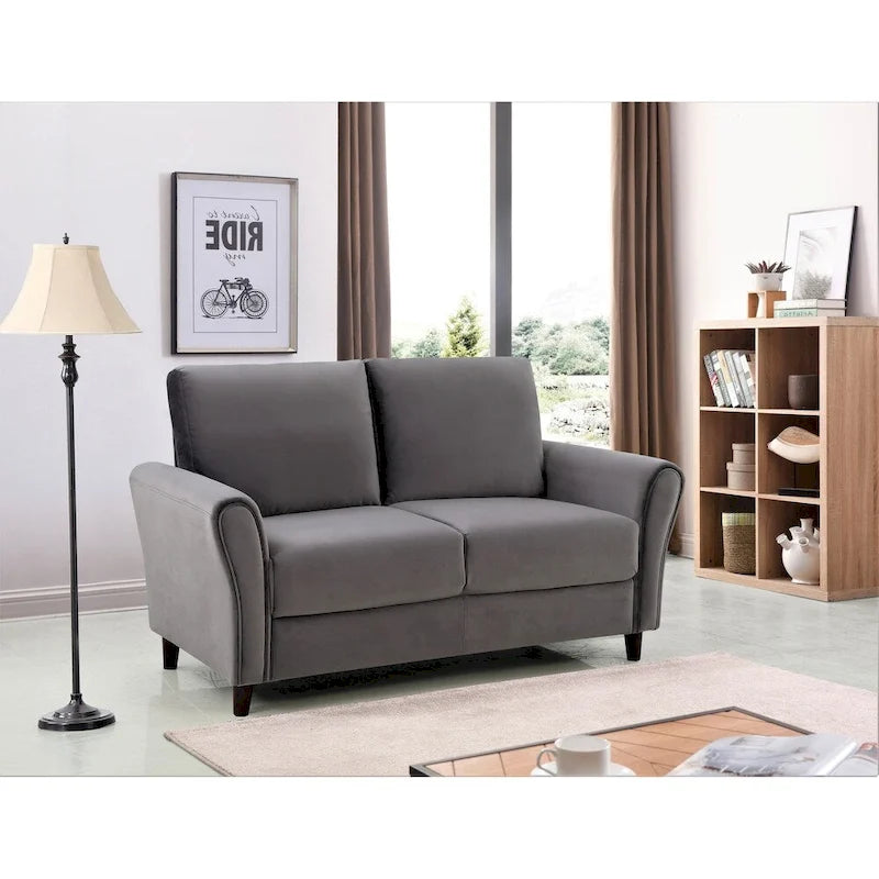 Plush Velvet Loveseat with Sloped Arms, Grey, Dark Blue, Ivory, Rose