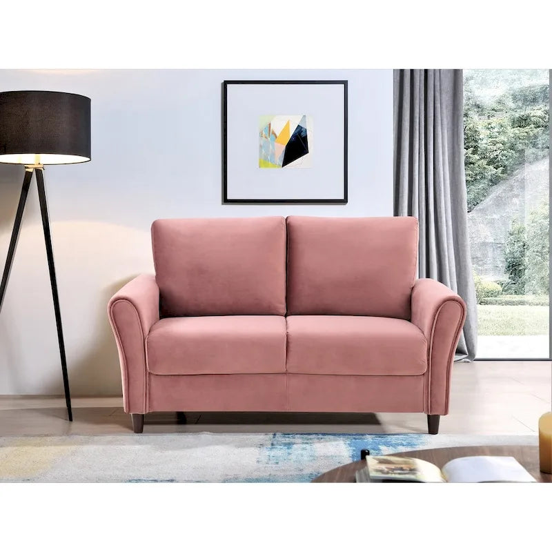 Plush Velvet Loveseat with Sloped Arms, Grey, Dark Blue, Ivory, Rose