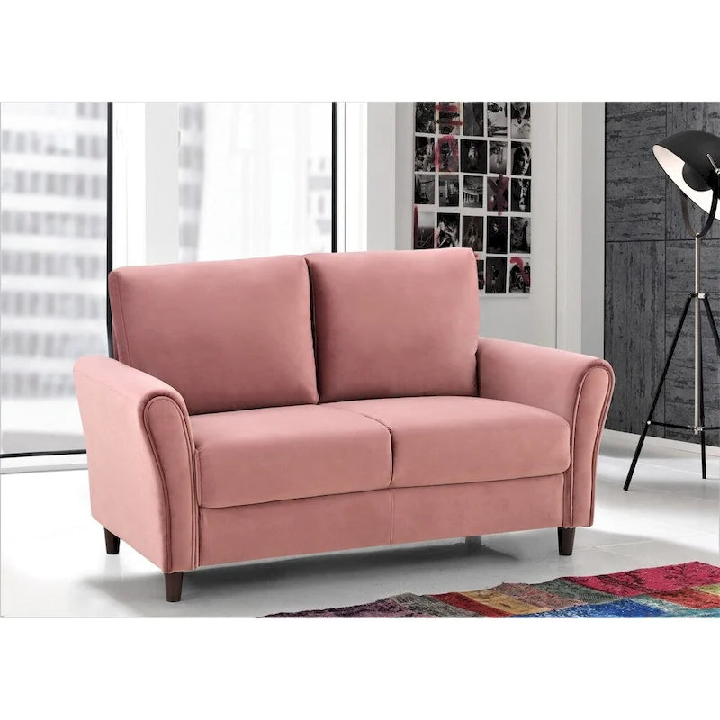 Plush Velvet Loveseat with Sloped Arms, Grey, Dark Blue, Ivory, Rose