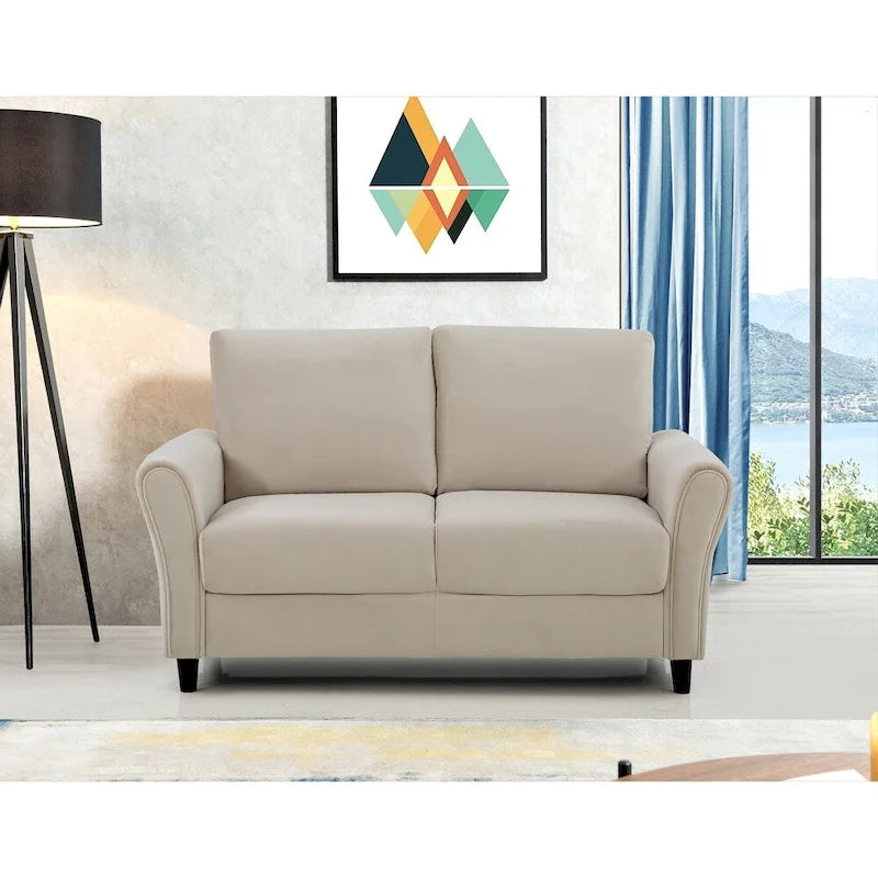 Plush Velvet Loveseat with Sloped Arms, Grey, Dark Blue, Ivory, Rose