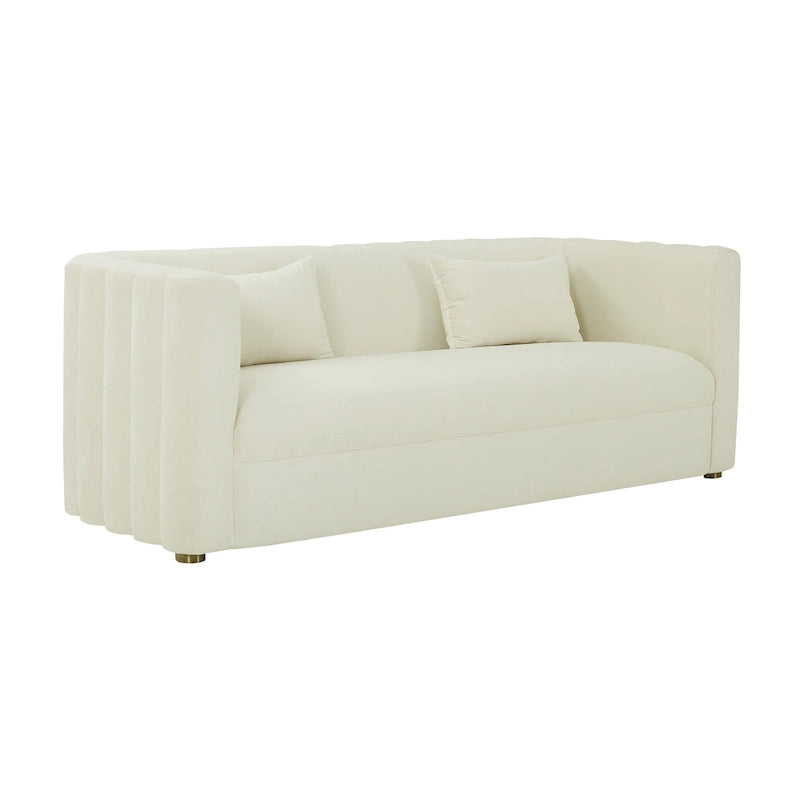 Curved Velvet Sofa with Scalloped Tufted Back and Steel Legs