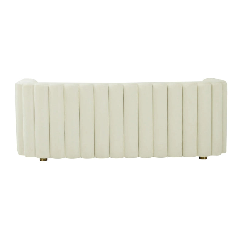 Curved Velvet Sofa with Scalloped Tufted Back and Steel Legs