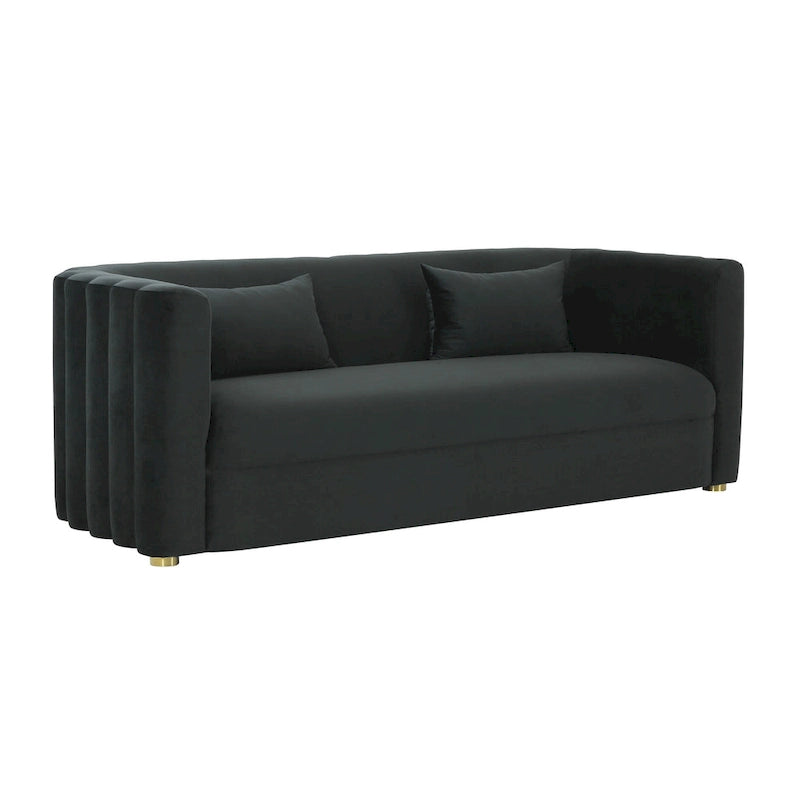 Curved Velvet Sofa with Scalloped Tufted Back and Steel Legs
