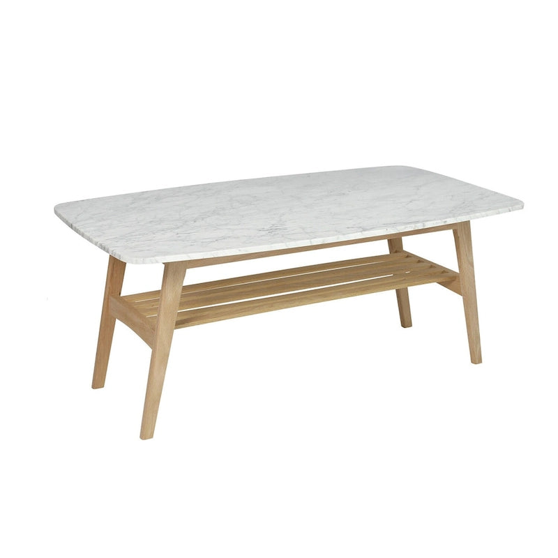 White Marble Top Coffee Table with Wood Frame Natural Finish