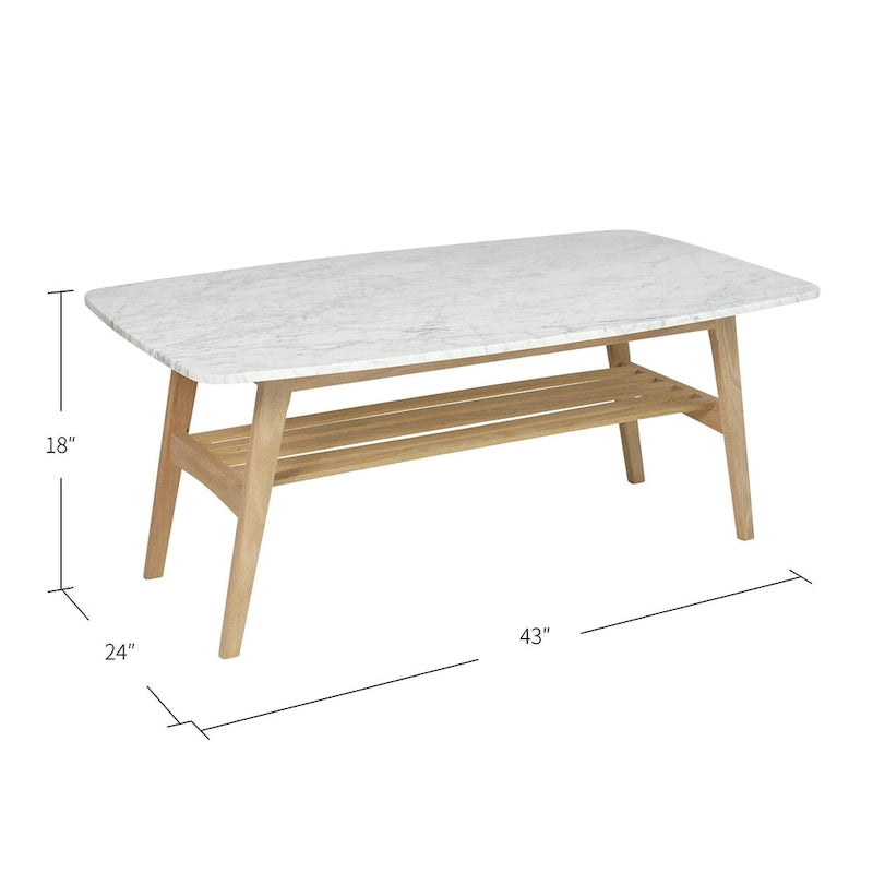 White Marble Top Coffee Table with Wood Frame Natural Finish