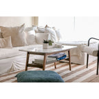 White Marble Top Coffee Table with Wood Frame Natural Finish