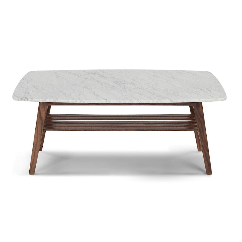 White Marble Top Coffee Table with Wood Frame Natural Finish