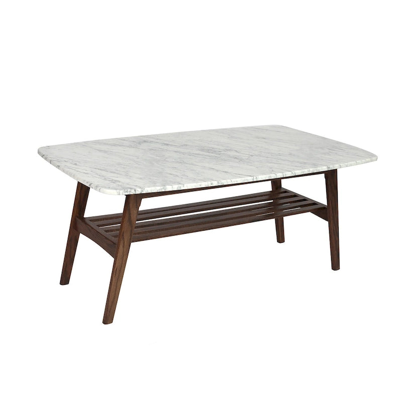 White Marble Top Coffee Table with Wood Frame Natural Finish