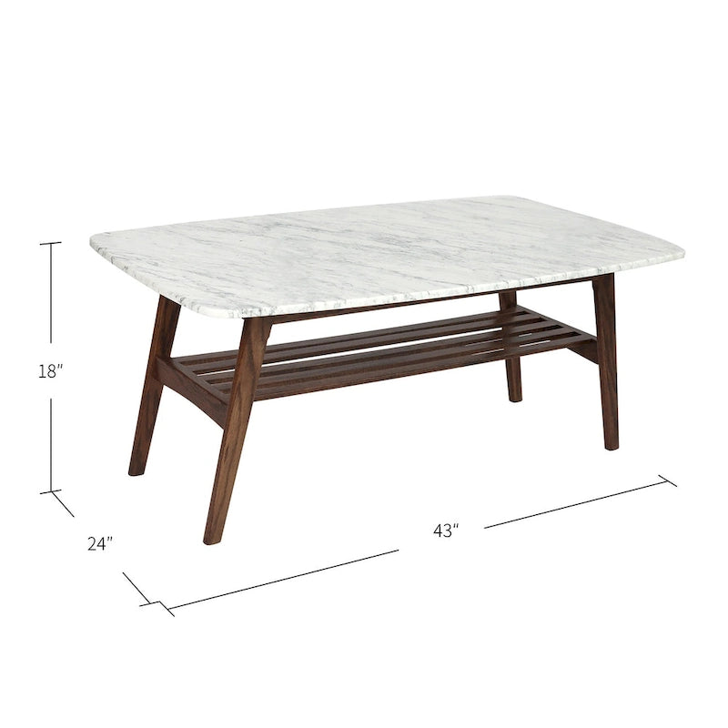 White Marble Top Coffee Table with Wood Frame Natural Finish