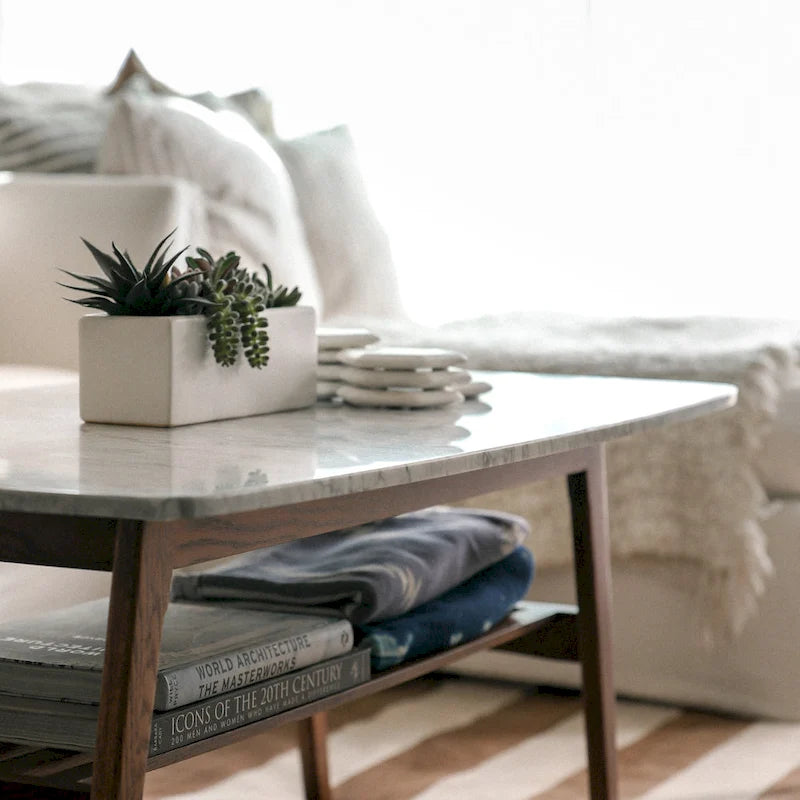White Marble Top Coffee Table with Wood Frame Natural Finish