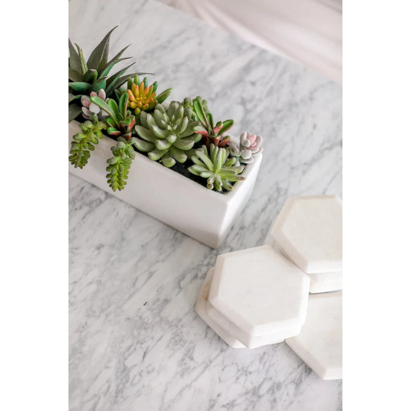 White Marble Top Coffee Table with Wood Frame Natural Finish