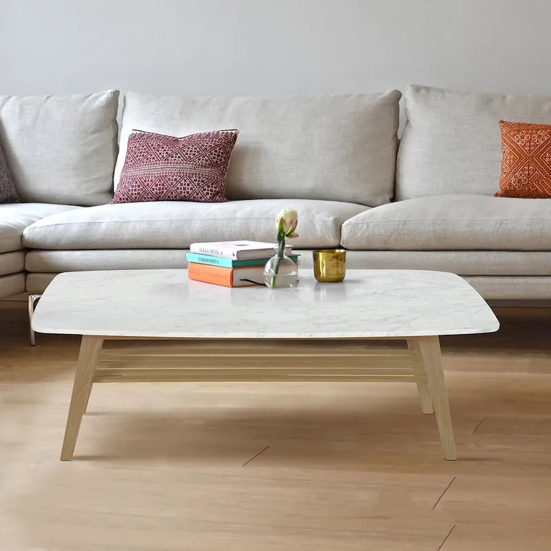 White Marble Top Coffee Table with Wood Frame Natural Finish