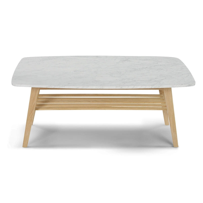 White Marble Top Coffee Table with Wood Frame Natural Finish