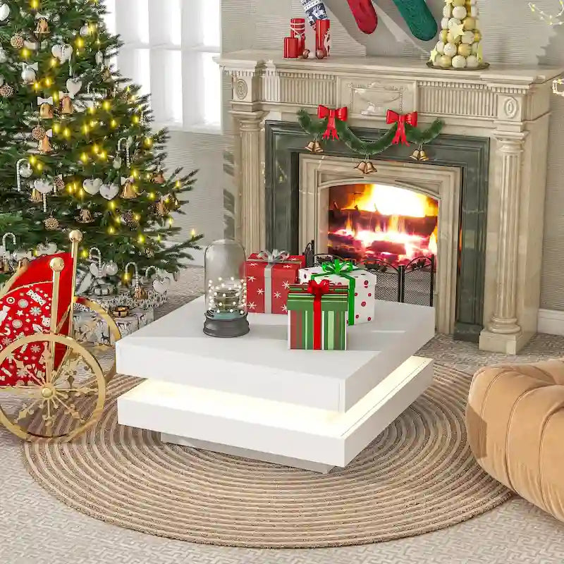 High Gloss Minimalist Design 2-Tier Square Coffee Table with Plug-in 16-color LED Lights Center Table for Living Room