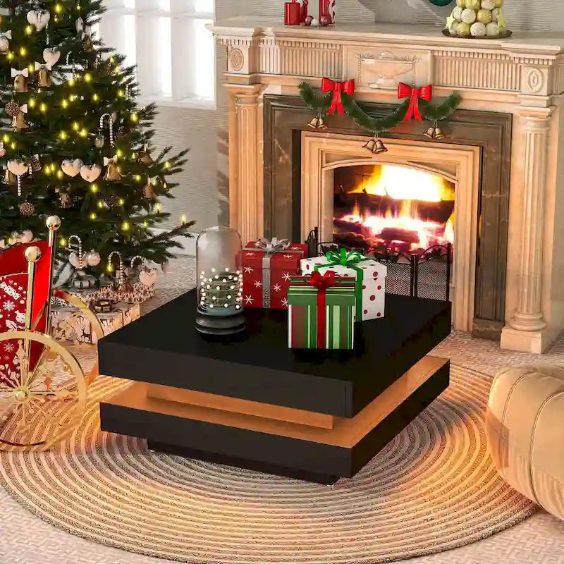 High Gloss Minimalist Design 2-Tier Square Coffee Table with Plug-in 16-color LED Lights Center Table for Living Room