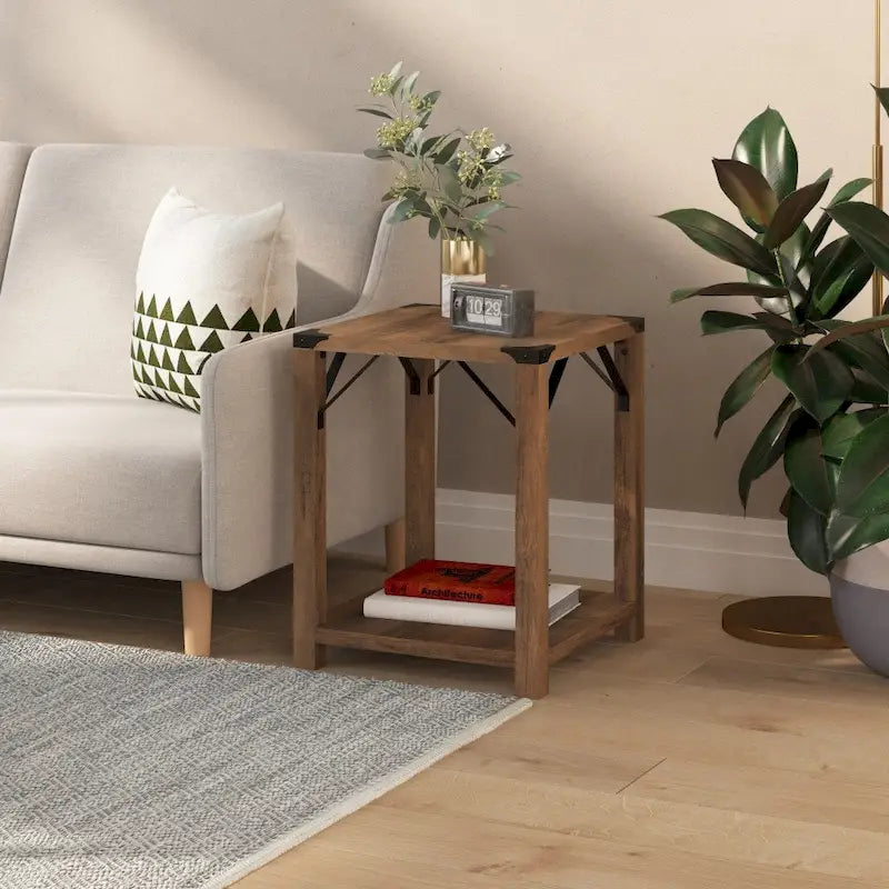 2-Tier Side Table with Metal Side Braces and Corner Caps