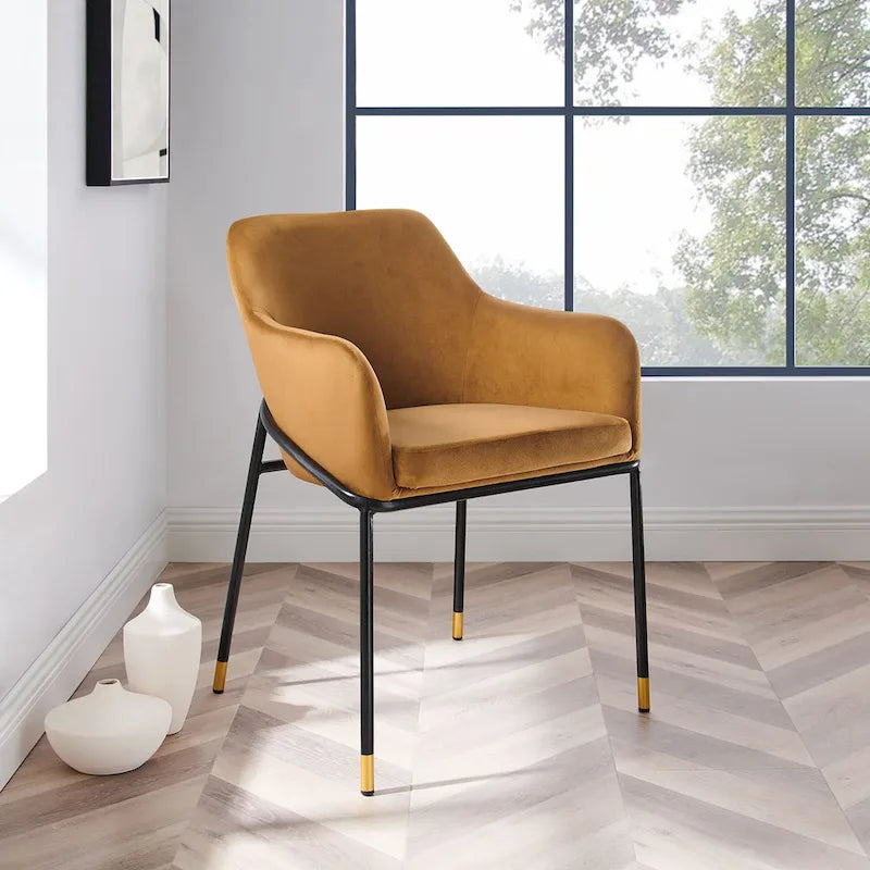 Performance Velvet Upholstered Dining Armchair with Gold-Tipped Black Metal Legs
