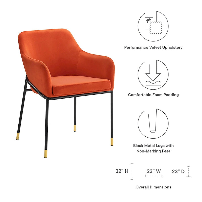 Performance Velvet Upholstered Dining Armchair with Gold-Tipped Black Metal Legs