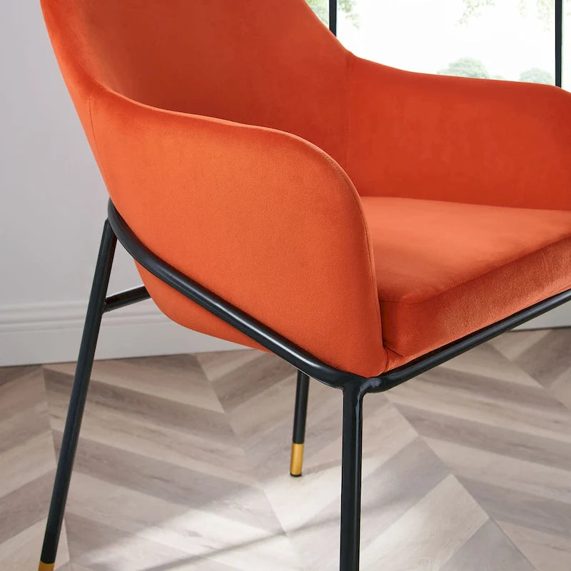 Performance Velvet Upholstered Dining Armchair with Gold-Tipped Black Metal Legs