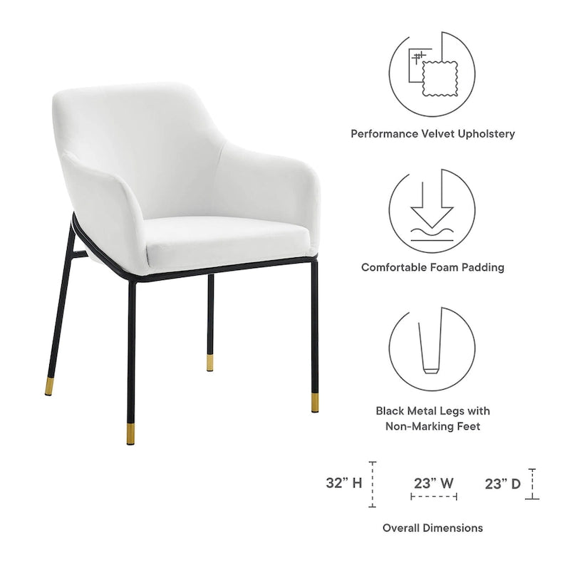 Performance Velvet Upholstered Dining Armchair with Gold-Tipped Black Metal Legs