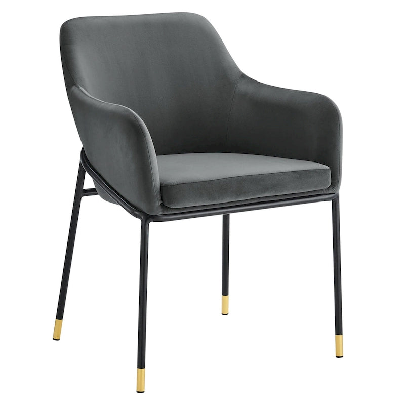Performance Velvet Upholstered Dining Armchair with Gold-Tipped Black Metal Legs