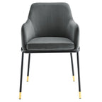Performance Velvet Upholstered Dining Armchair with Gold-Tipped Black Metal Legs